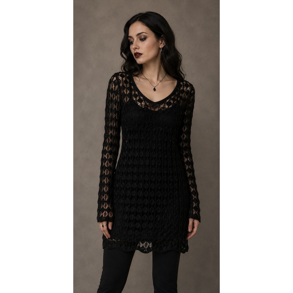 Witchy Black Crochet Long‎ flare Sleeve slip Dress Whimsigoth Vamp Festival